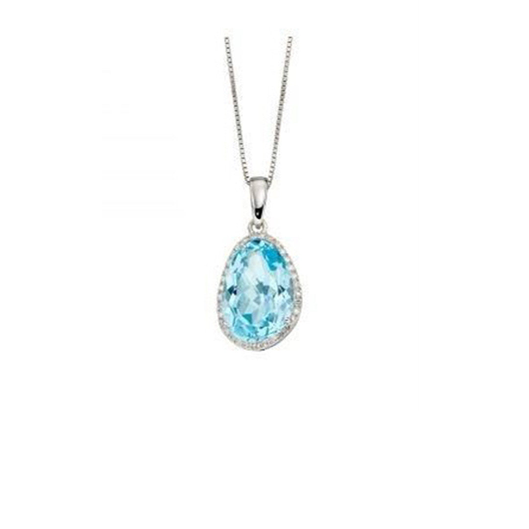 Irregular Shaped Blue Topaz Pendant With Diamonds In 9ct White Gold & Chain